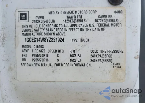 2000 Chevrolet Silverado C1500 from USA, damaged, VIN 1GCEC14W8YZ321924